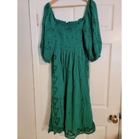 Anthropologie Bonnie Smocked Midi Dress Embroidered Green M Boho - Picture 3 of 11